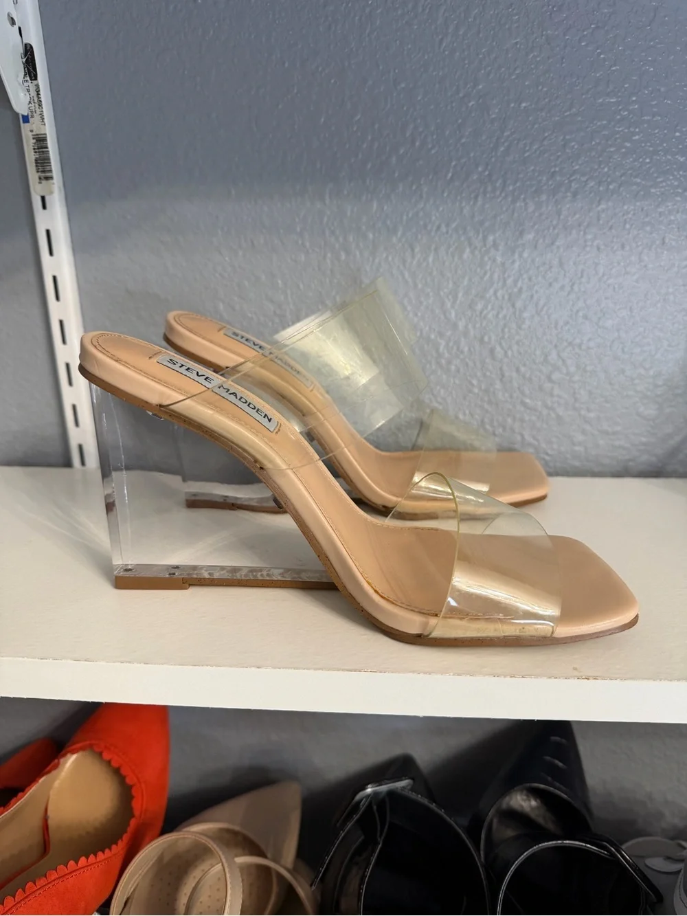 Steve Madden Nude Clear Strap Block Heel Sandals - Picture 2 of 6
